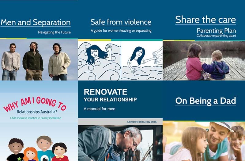 Preview images of the 10 resource booklets on this page about separation, family violence, relationships and parenting
