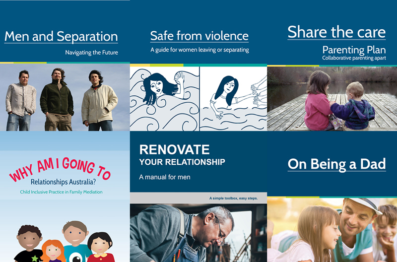 Preview images of the 10 resource booklets on this page about separation, family violence, relationships and parenting