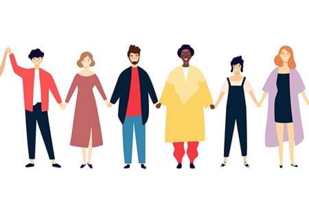An illustration of a culturally diverse group of people standing in a line together holding hands. 