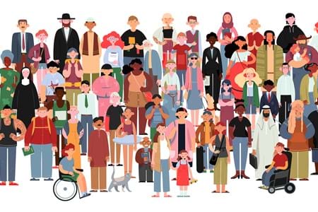An illustration of a large group of people of all ethnicities standing together. 