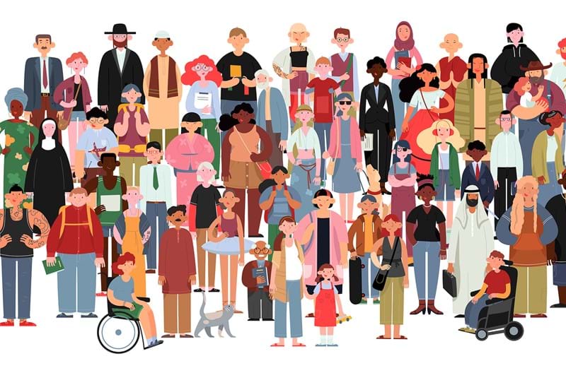 An illustration of a large group of people of all ethnicities standing together. 