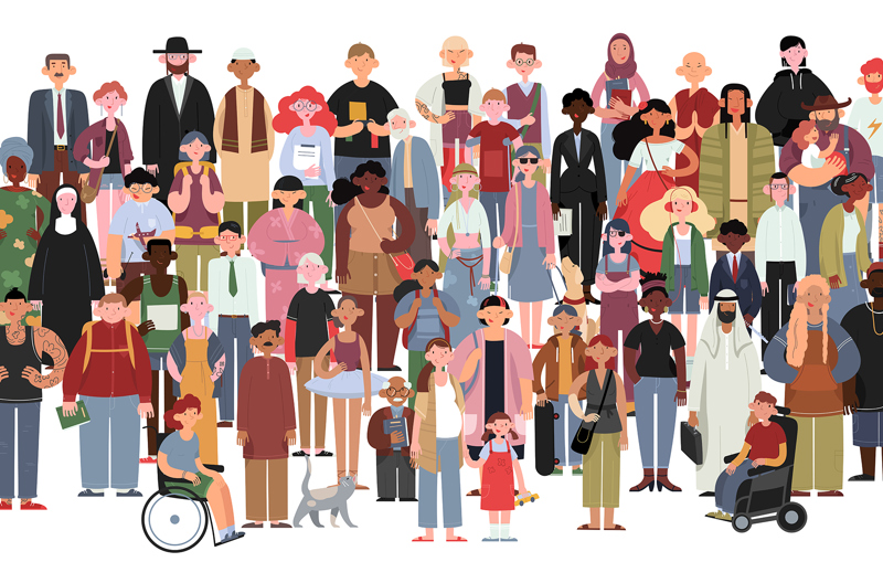 An illustration of a large group of people of all ethnicities standing together. 