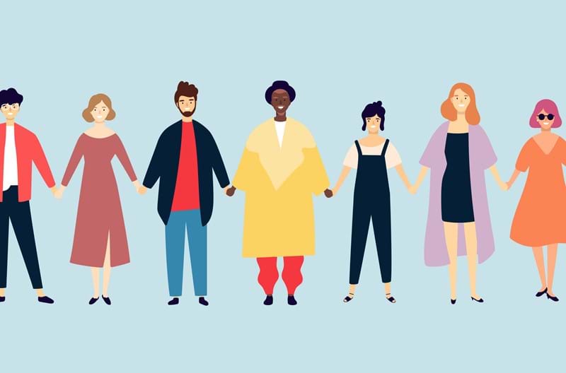 An illustration of a 13 culturally diverse people, standing in a line and holding hands. They wear a range of different coloured clothes, have different skin tones and hair colours and one uses a mobility aid.