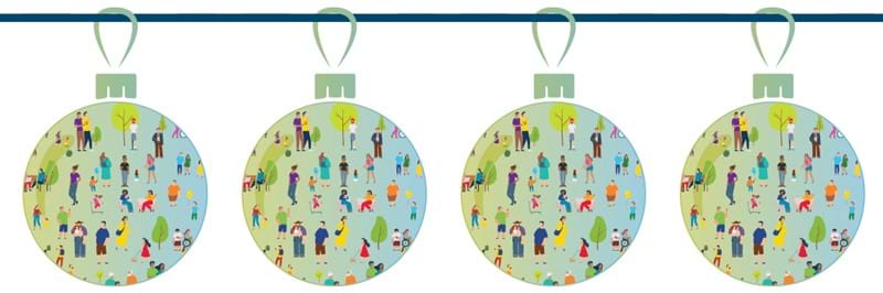 Four colourful holiday baubles, filled with illustrations of people doing different activities