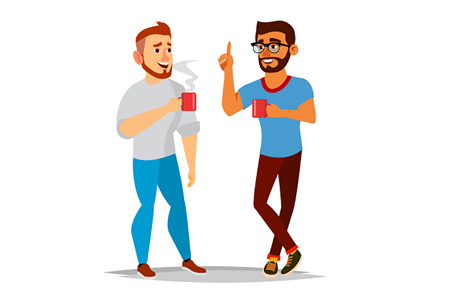 An illustration of two friends standing next to each other enjoying a cup of coffee. 