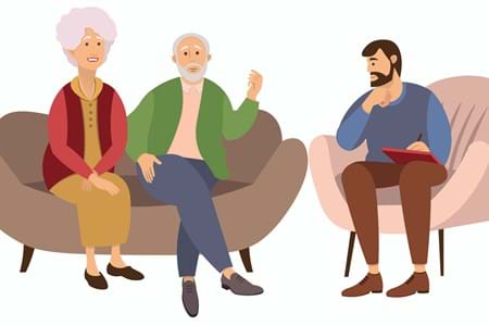 An illustration of an elderly couple sitting on a couch talking to someone else on a separate couch.