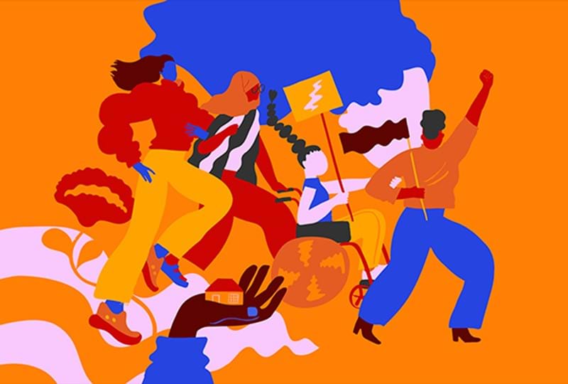 A colourful illustration of a group of diverse women marching together with their fists raised, holding protest flags. The background of the image is a bright orange.