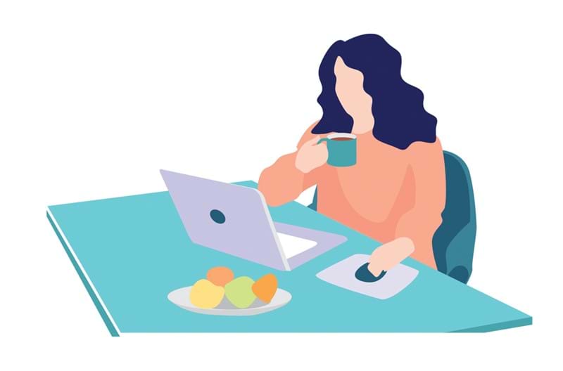 An illustration of a woman sitting at a desk drinking a cup of coffee while on her laptop. 