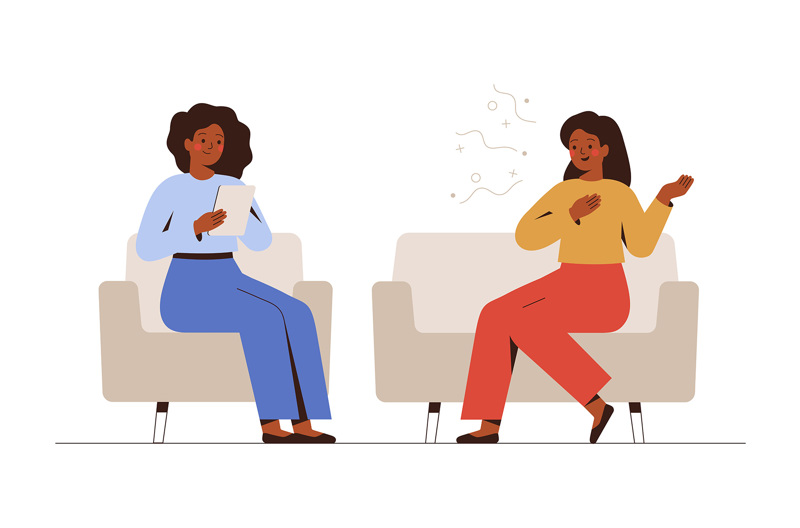 An illustration of a counsellor sitting on a couch listening to a woman talking sitting on another couch.