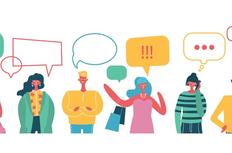 An illustration of people standing in a line with speech bubbles above all of them. 