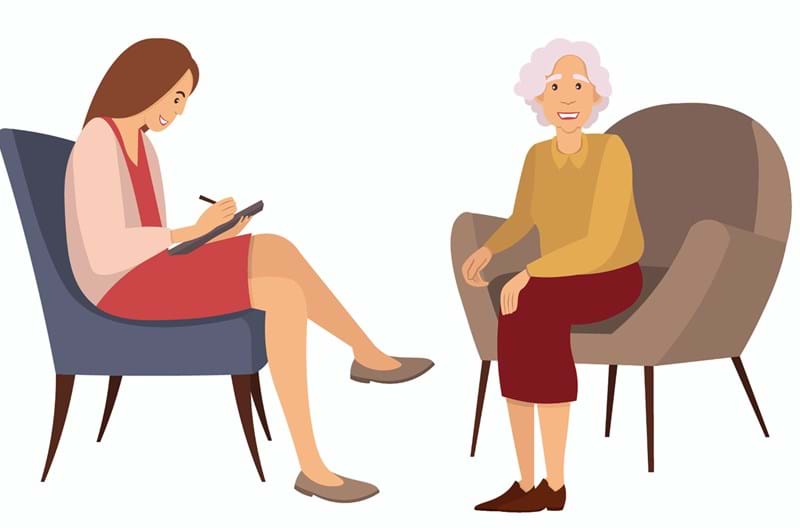 An illustration of a one-on-one counselling session while the counsellor takes notes. 