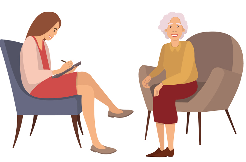 An illustration of a one-on-one counselling session while the counsellor takes notes.