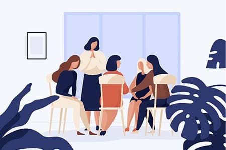 An illustration of a group of people sitting together on chairs talking. 