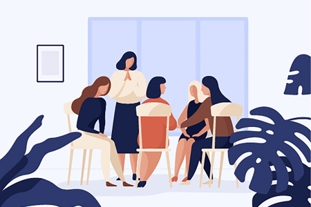 An illustration of a group of people sitting together on chairs talking.