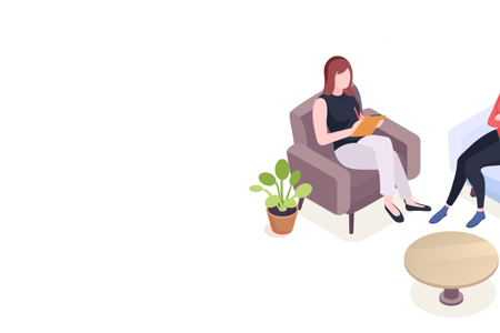 An illustration of an unhappy couple sitting on a couch with their arms folded while a counsellor takes notes. 