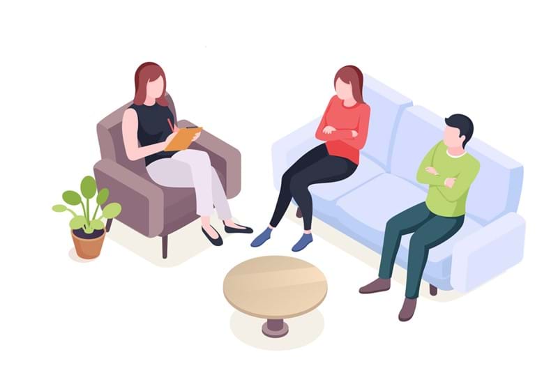 An illustration of an unhappy couple sitting on a couch with their arms folded while a counsellor takes notes. 