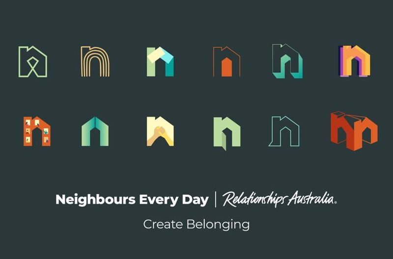 20 different illustrations of the letter 'N' and the text 'Neighbours Every Day - Relationships Australia - Create Belonging'