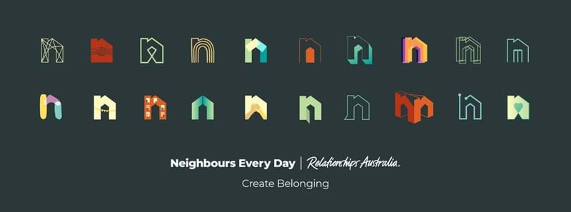 20 different illustrations of the letter 'N' and the text 'Neighbours Every Day - Relationships Australia - Create Belonging'