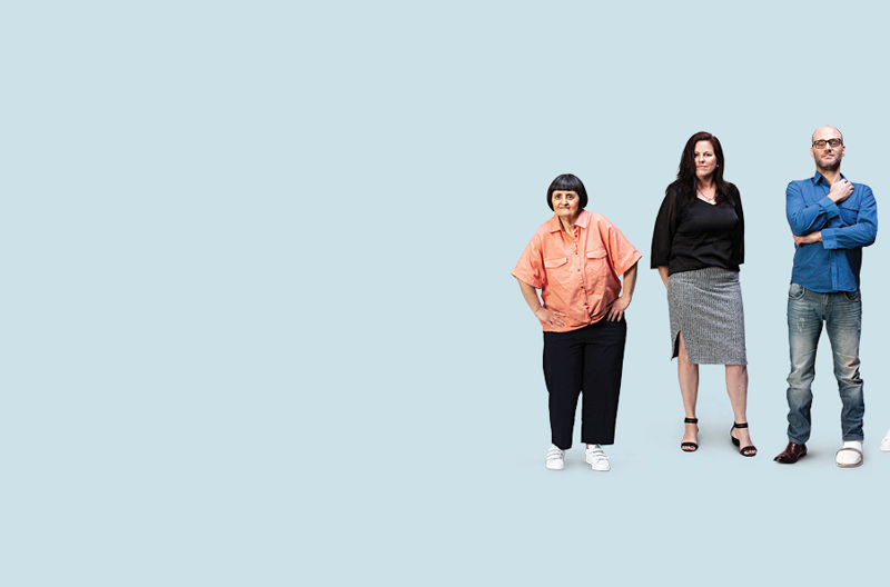 A group of people cropped onto a light blue background.