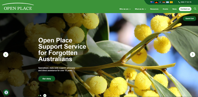 A screenshot of the Open Place website home page showing the title of the service and a photo of yellow wattle