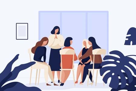 An illustration of a group of women sitting on chairs in a circle talking to each other. 