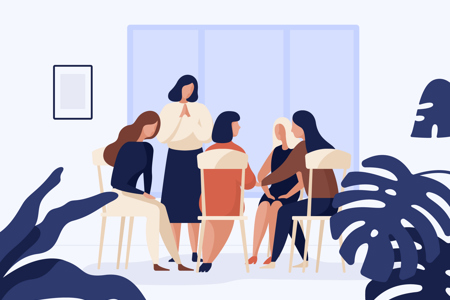 An illustration of a group of women sitting on chairs in a circle talking to each other. 