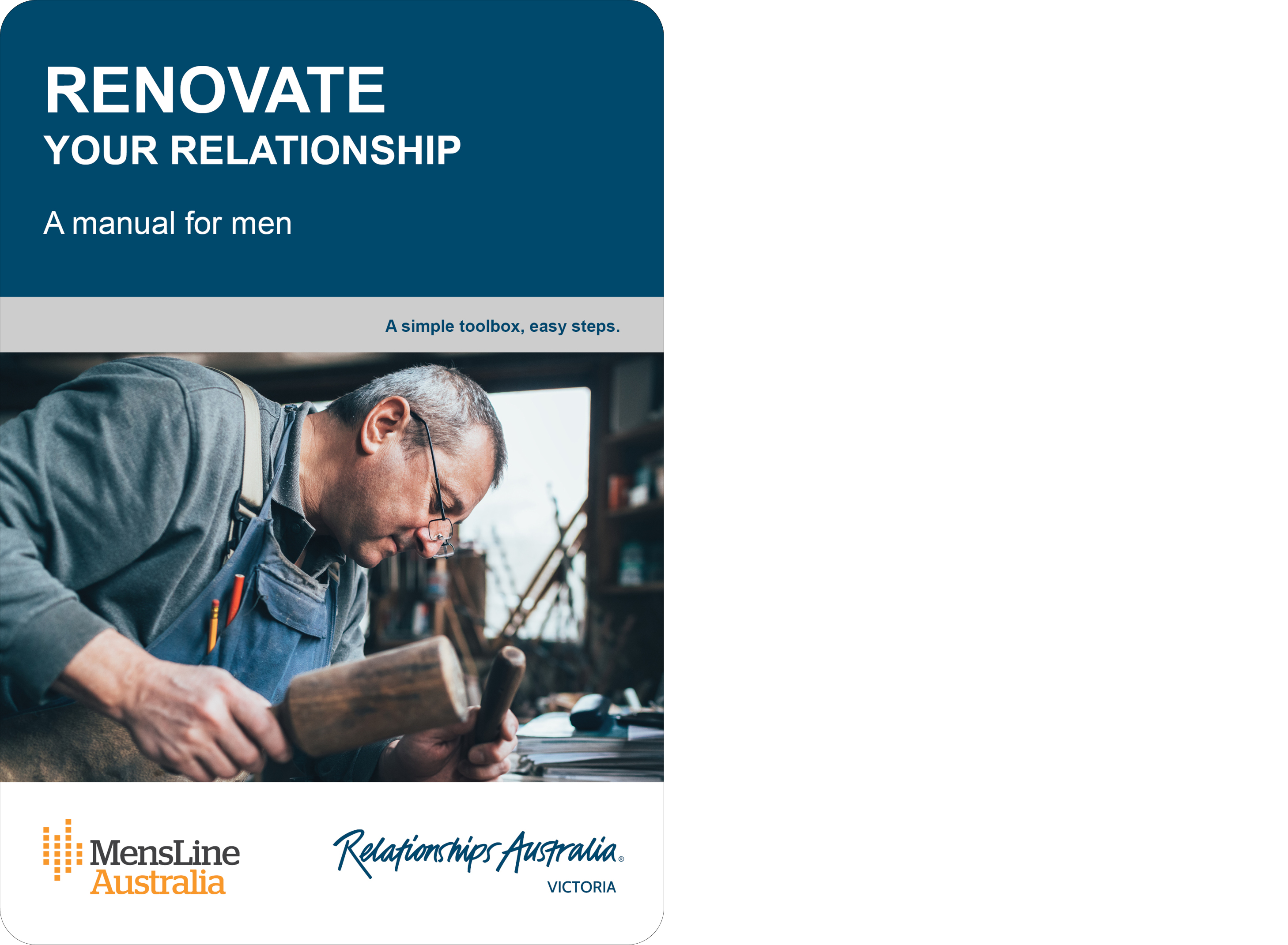 The front cover of the booklet which shows the text 'Renovate your relationship - a manual for men', a man performing woodwork, and the Relationships Australia logo